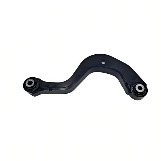 Control arm bracket with two end bushings, black steel, curved U-shaped arm.