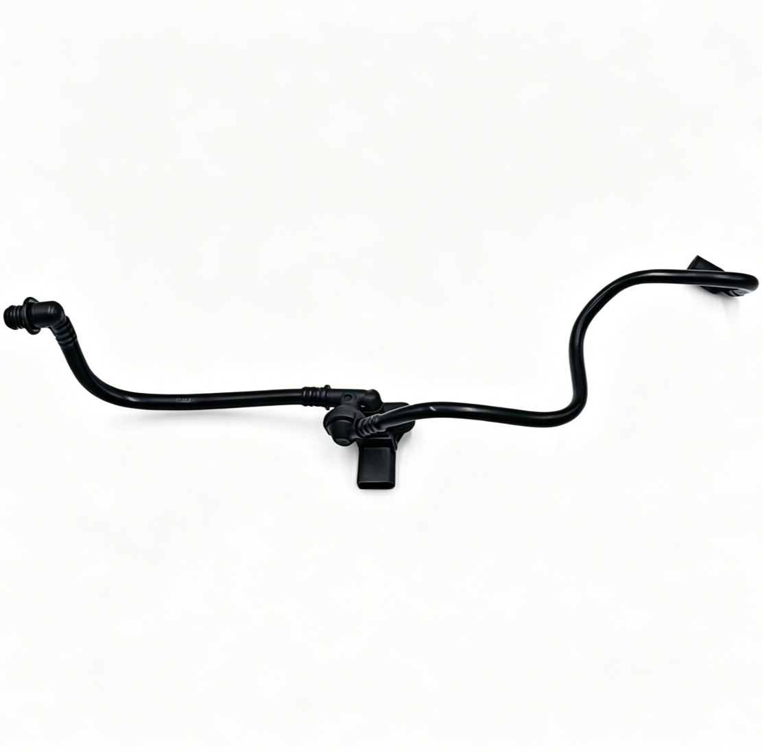 Black brake booster vacuum hose with central valve-style connector and end caps