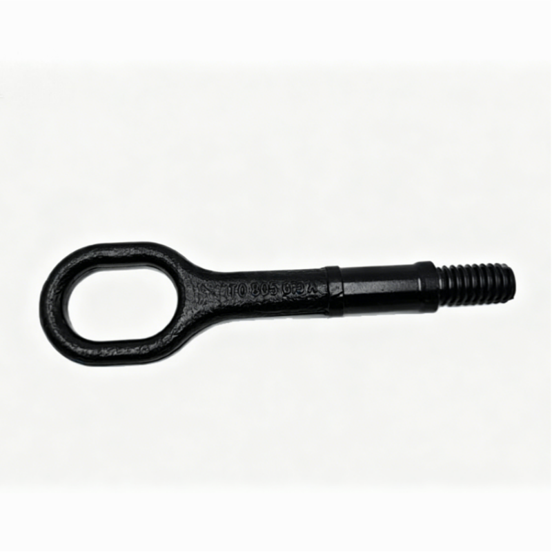 Black metal tow hook with oval loop and threaded mounting end