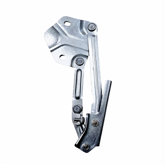 Hood hinge bracket pair, left-right, silver metal with mounting holes and linkage.