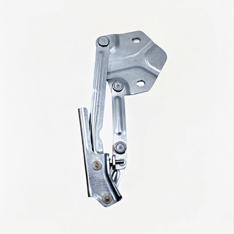 Hood hinge bracket pair, silver metal, linkage arms and pivot points with bolts.