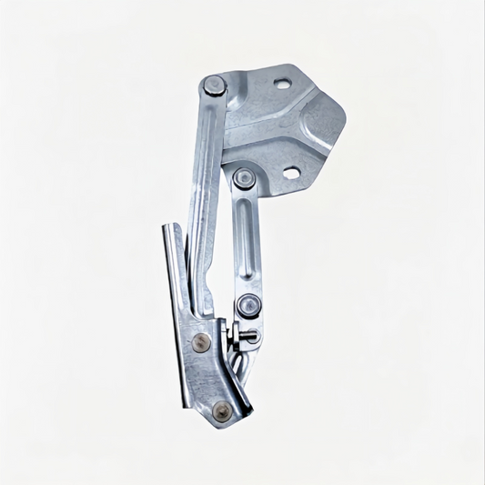 Hood hinge bracket pair, silver metal, linkage arms and pivot points with bolts.