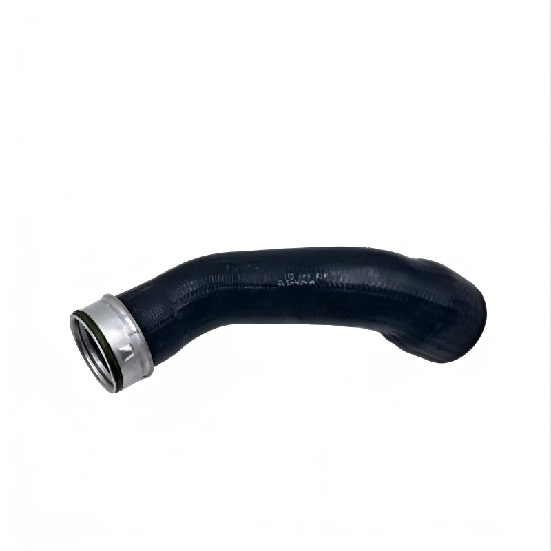 Black silicone turbo boost pipe with metal clamp ring at one end, curved section.