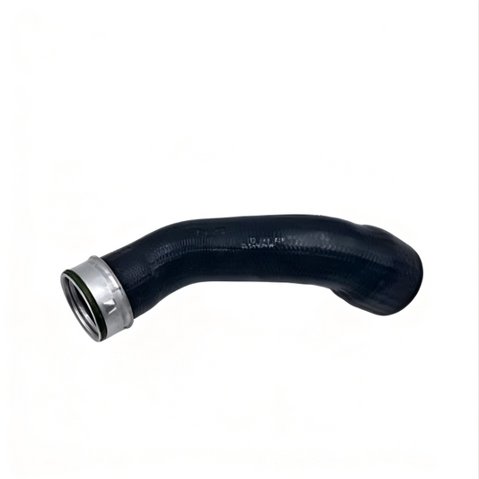 Black silicone turbo boost pipe with metal clamp ring at one end, curved section.