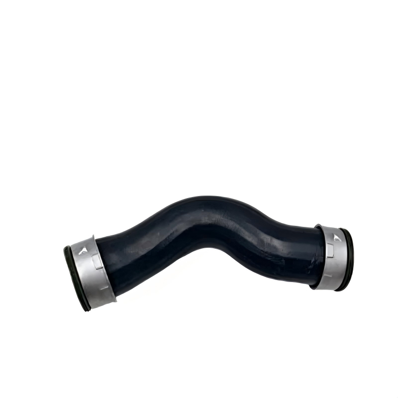 Black silicone turbo boost pipe with metal clamps, curved section and open ends.