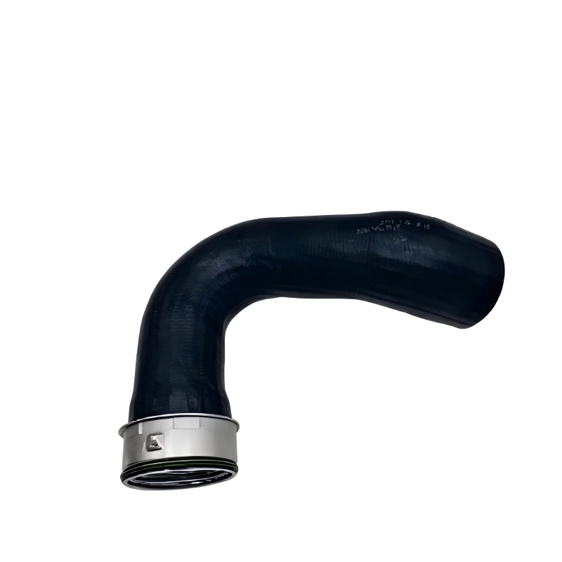 Black silicone turbo boost elbow pipe with metal clamp ring, 90-degree bend.