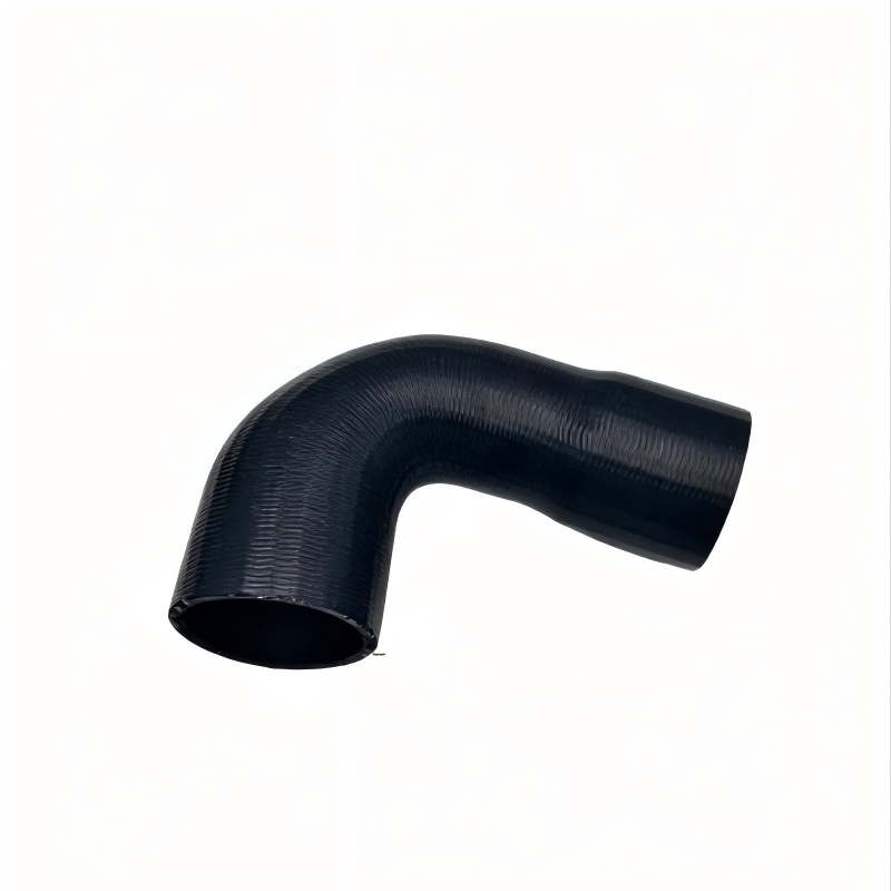 Black silicone turbo boost elbow pipe with open ends, angled curved shape.