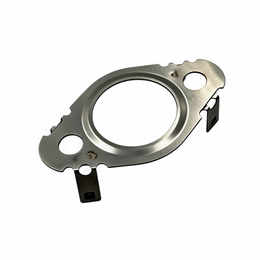 Oil line seal housing, metal ring with mounting tabs and centered seal opening
