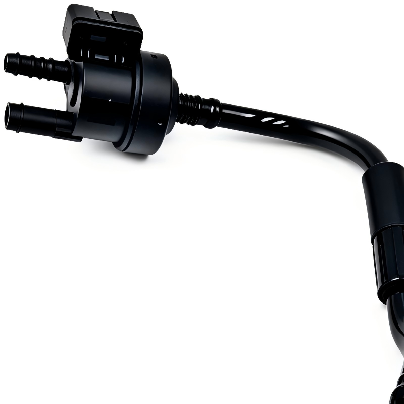Black EVAP purge valve with two hose ports and electrical connector, angled view