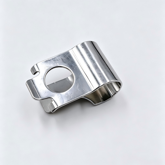 Metal silver turbo wastegate actuator clip with circular opening and mounting tab