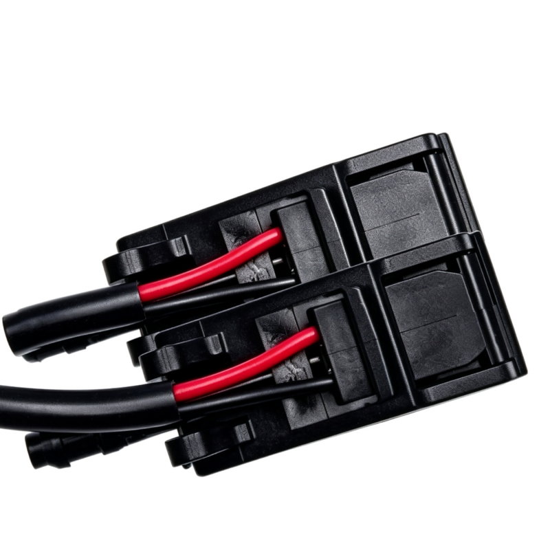 Windshield washer nozzle connector set with two black hoses and red wiring