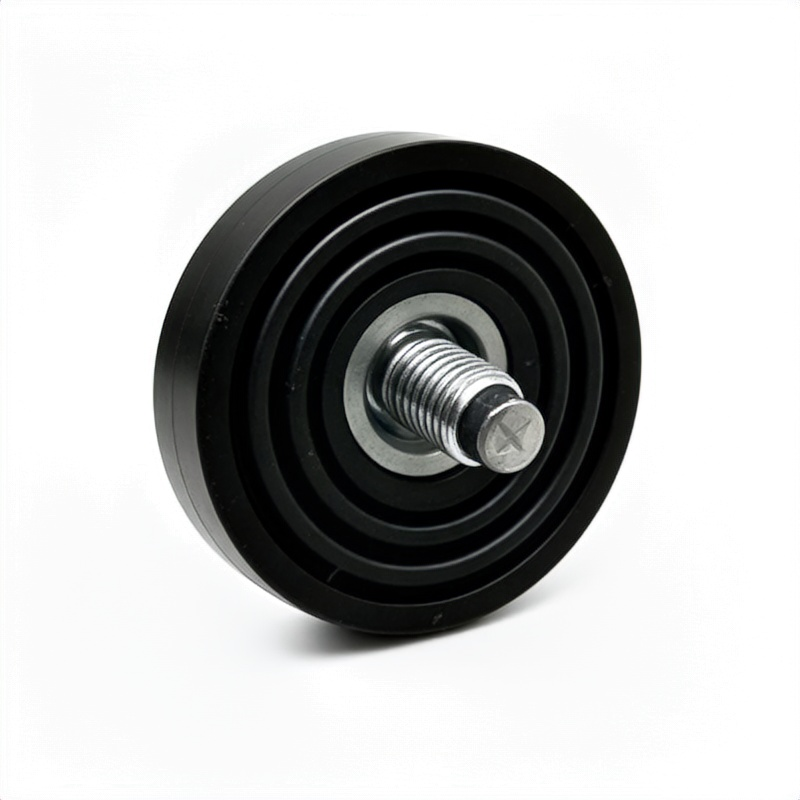 Black rubber pulley with metal bolt and threaded stem, close-up