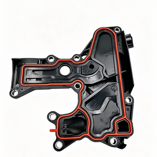 Black oil separator with orange gasket seal, circular cover, mounting holes