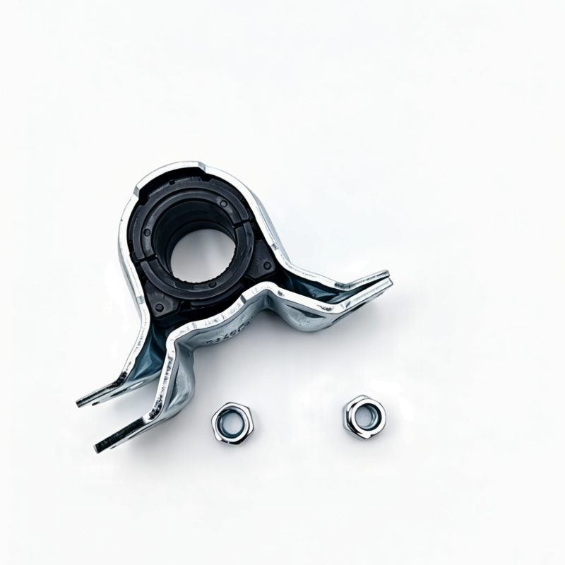Front stabilizer bar bushing bracket with black rubber insert and two hex nuts