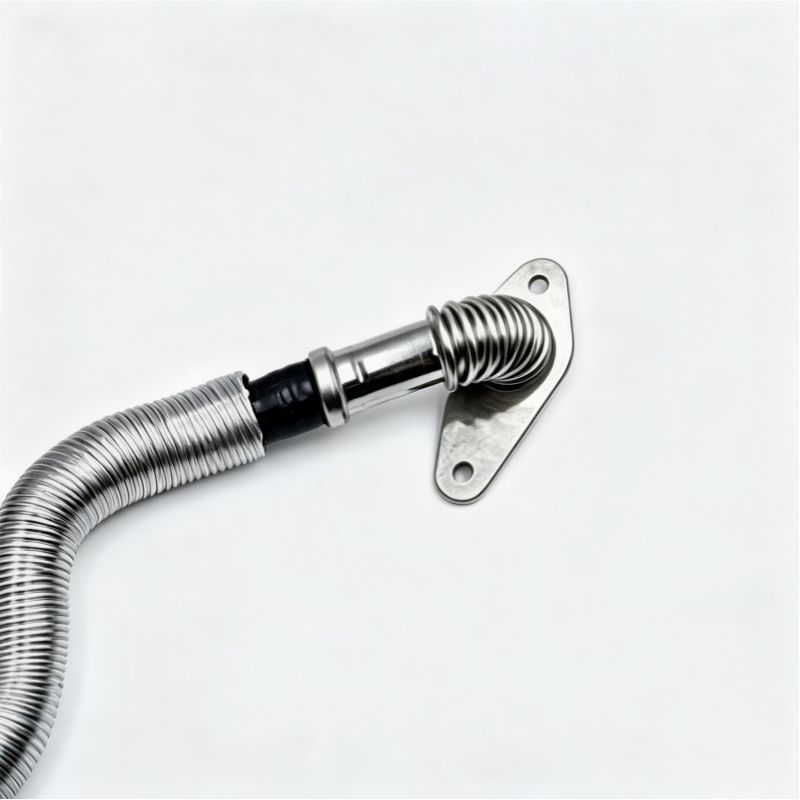 Corrugated metal hose segment with black connector and silver mounting plate