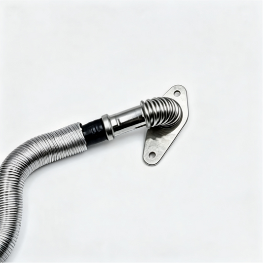 Corrugated metal hose segment with black connector and silver mounting plate