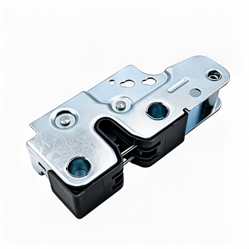 Metal hood latch mechanism with black plastic housings and mounting holes