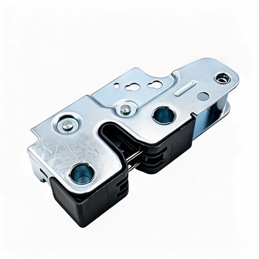 Metal hood latch mechanism with black plastic housings and mounting holes