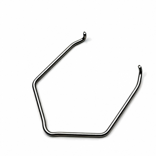 Curved dark metal intercooler hose clamp with hooked ends