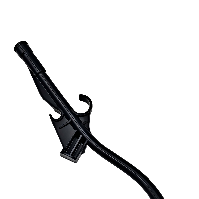 Black engine oil dipstick guide tube with bracket and clip detail
