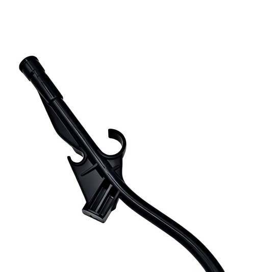 Black engine oil dipstick guide tube with bracket and clip detail