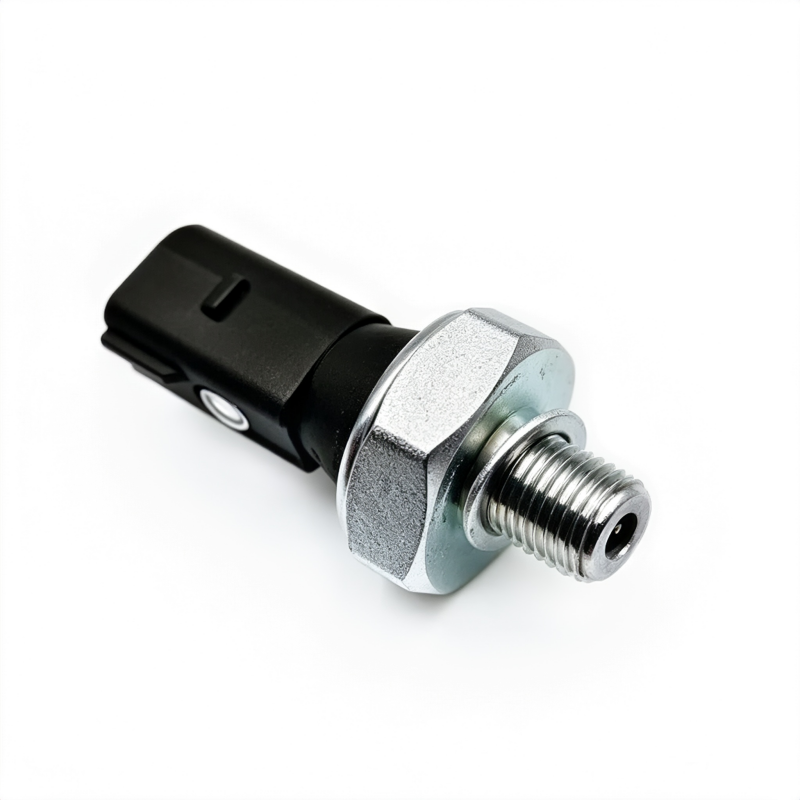 Oil pressure switch with black plastic body and threaded metal sensor, side view