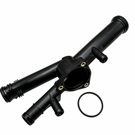 Thermostat housing assembly with black plastic tubes, mounting flange, and gasket
