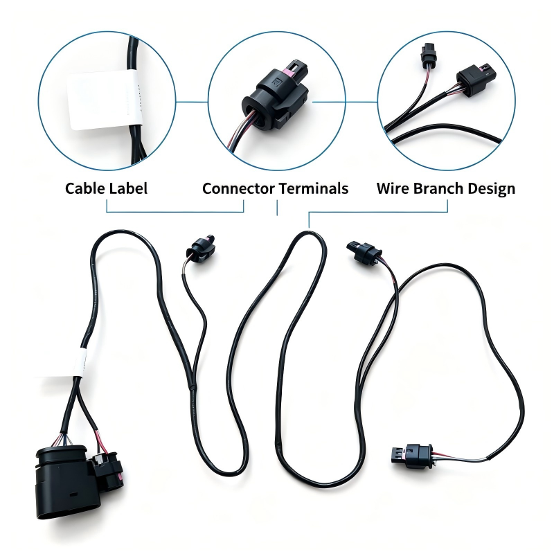 Front bumper wiring harness with multiple black connectors and cable leads