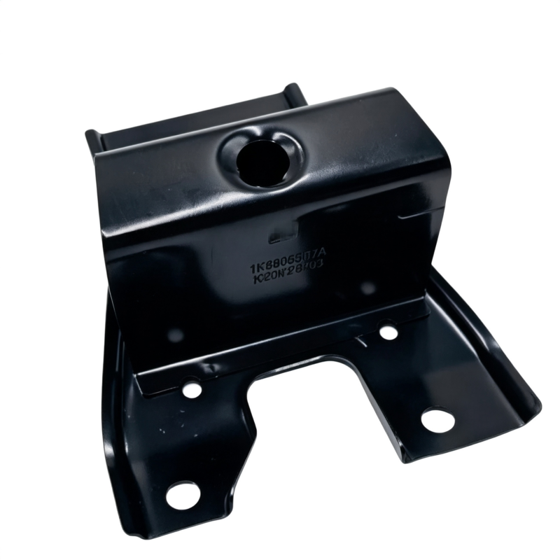 Dark hood latch bracket with central round hole and four mounting bolt holes