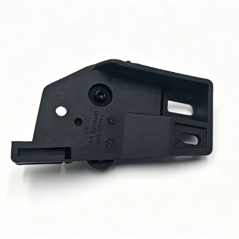 Black hood release handle underside with screw hole and rectangular bracket cutouts