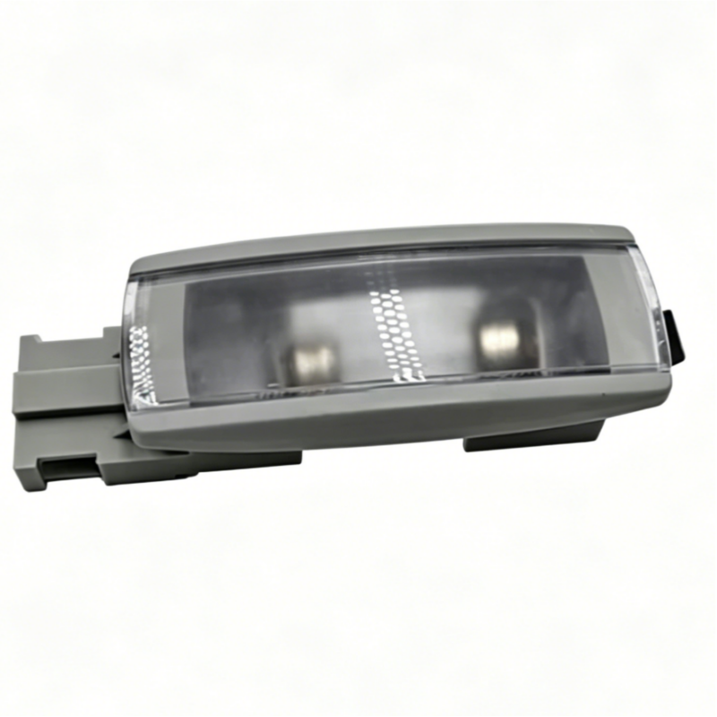 Interior reading light with clear smoke lens, LED strip details, gray mounting frame