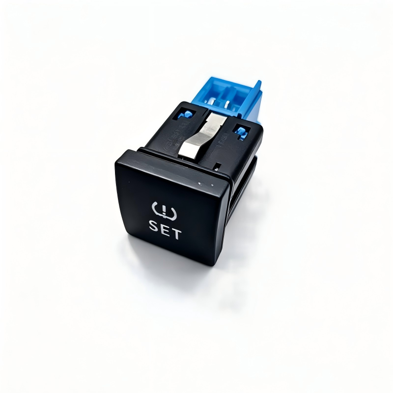 Tire pressure monitor switch button, black housing with blue connector and SET icon