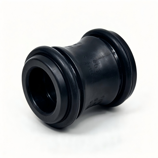 Black coolant hose connector with two ribbed ends, molded for hose fit