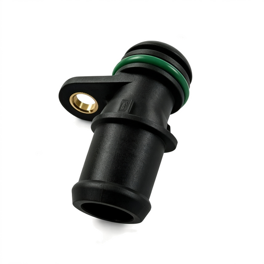 Black coolant hose connector with green O-ring, push-fit style, with metal mounting tab