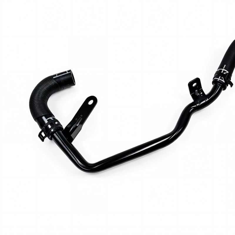 Black coolant hose with clamps and mounting bracket, curved U-shape