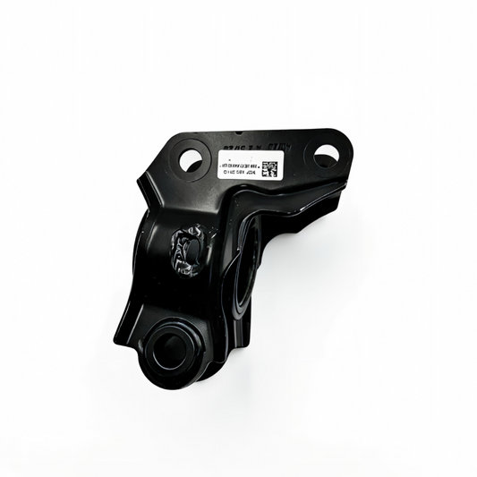 Black metal control arm bracket with mounting holes and identification label
