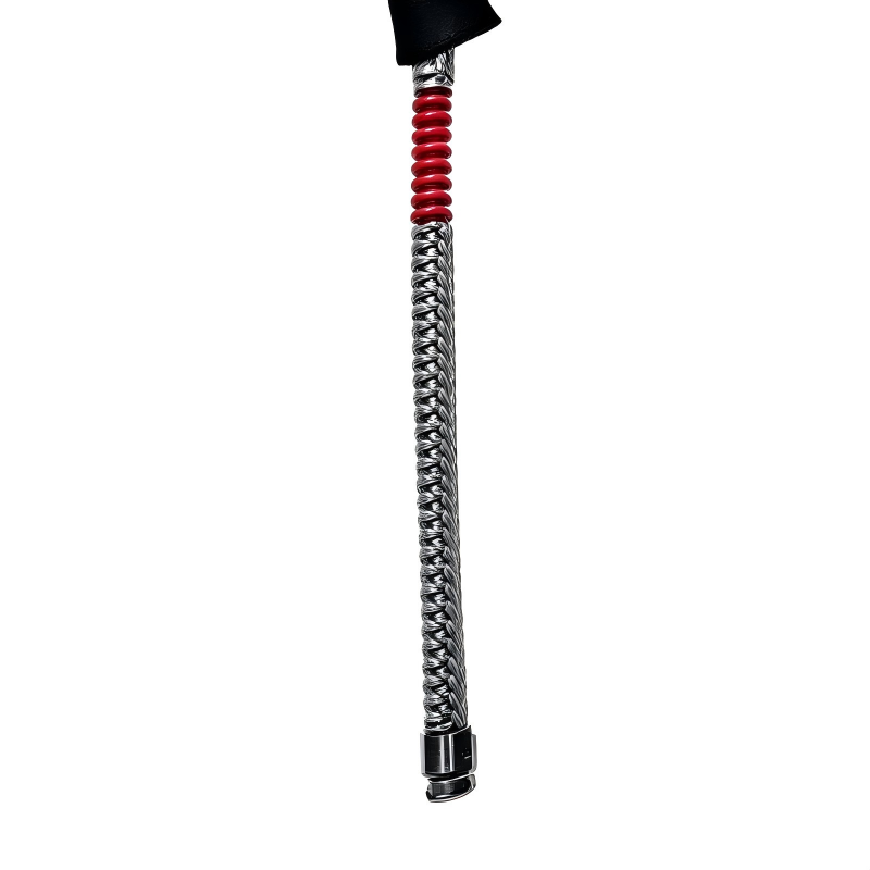 Parking brake cable with braided metal line, red spring section, and black end fittings
