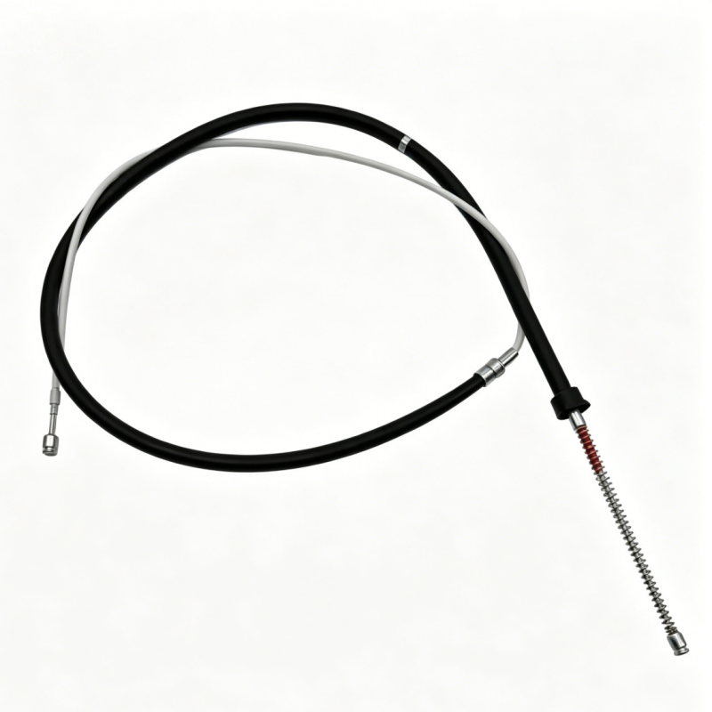 Parking brake cable with black housing and metal end fittings, long flex cable