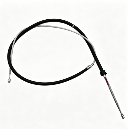 Parking brake cable with black housing and metal end fittings, long flex cable