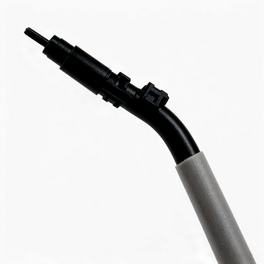 Door lock cable with black housing and curved connector, gray protective sleeve