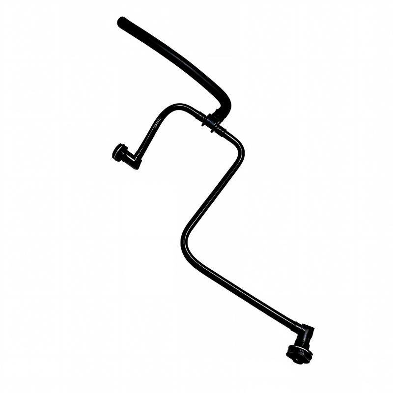 Coolant reservoir hose with clips and molded bends, black rubber