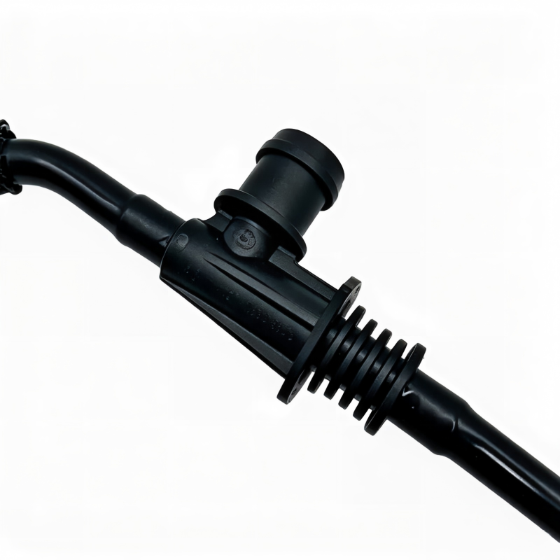 Black coolant hose with ribbed connector and mounting bracket