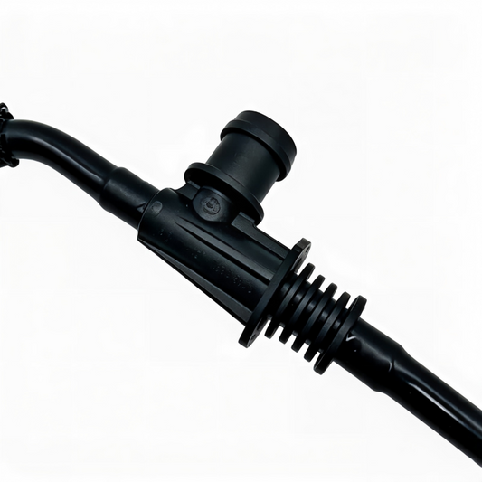 Black coolant hose with ribbed connector and mounting bracket