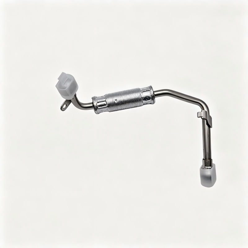 Turbo boost pipe with gray clips and metal spring coupler, right-angle