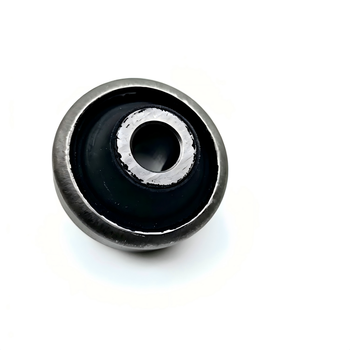 Control arm bushing with black rubber sleeve and silver metal inner ring