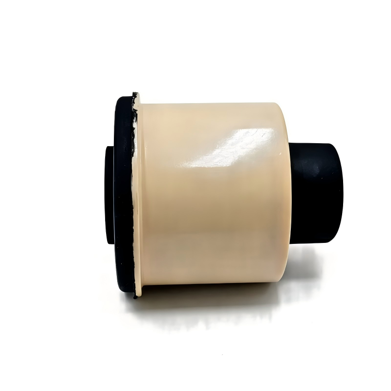 Rear axle bushing with beige polyurethane body and black rubber outer