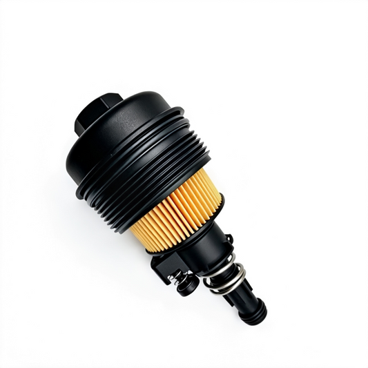 Black oil filter with pleated yellow cartridge and threaded inlet