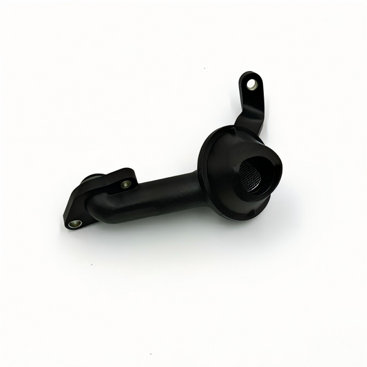 Black oil pump pickup tube with strainer mesh and mounting holes
