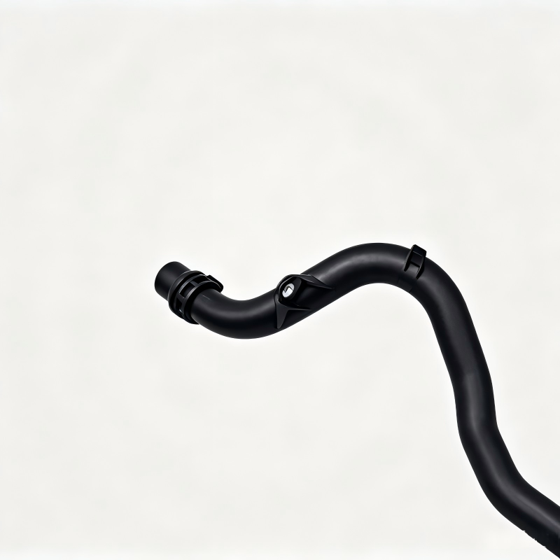 Black coolant hose with curved elbows and mounting clip