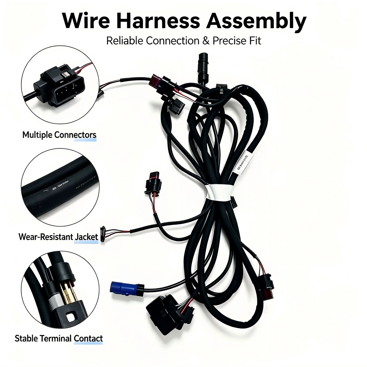 Automotive wire harness assembly with multiple black connectors and bundled wiring cable